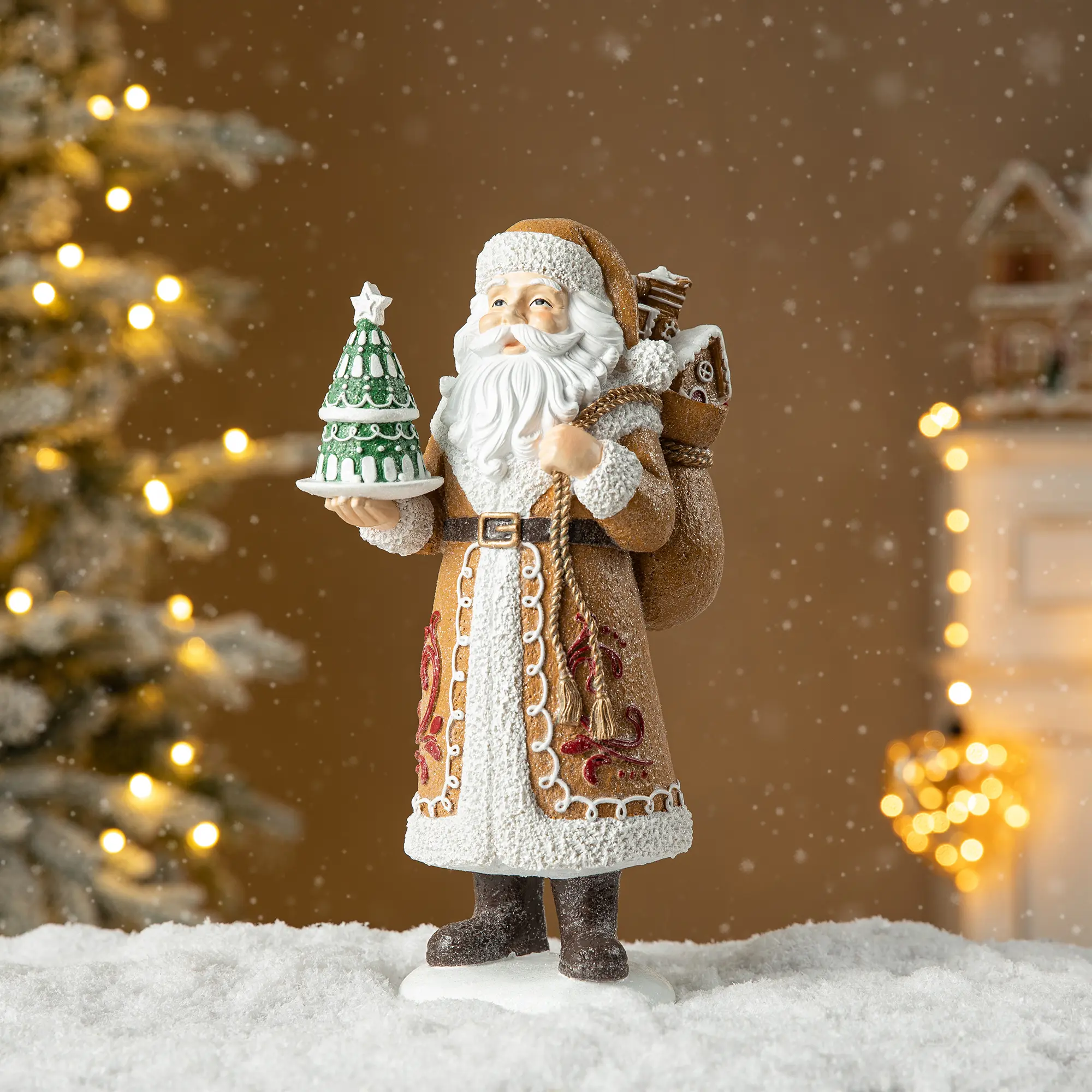 Glitzhome High-Quality Resin Christmas Santa Decorative Figurine - 11.5"H, Hand-Crafted, Gingerbread Coat, for Christmas Tree & Table Home Festive Decor