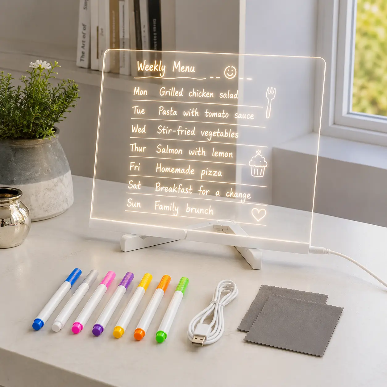 Reusable LED Luminous Message Board – Dry Erase Writing Pad with Markers & Adjustable Stand, Great for Christmas Decor, Home & Office Use Light-Up Colorful Graffiti Drawing