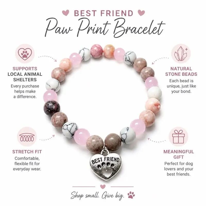 Beaded Stretch Bracelet with Best Friend Paw Print, Fashion Costume Jewelry Accessory