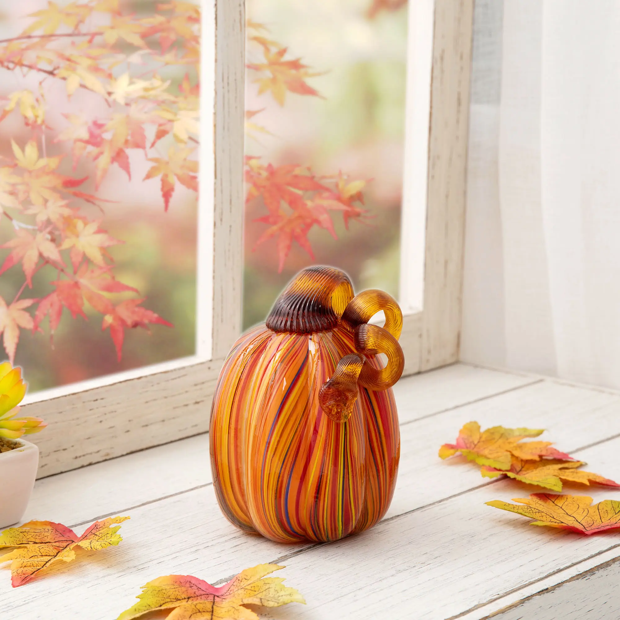 Glitzhome 5.5" Height Multi-Striped Hollow Glass Pumpkin Decor - Glass Art Festive Ornaments for Halloween Ideas, Harvest Room Decor