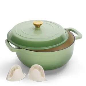 GEEKHOM Enameled Cast Iron Round Dutch Oven, 5/6/7.5QT Pot with Lid &Dual Handles with Silicone Gloves,Oven Safe up to 500°F, Heavy-Duty Pre-Seasoned Cookware for Bread Baking, Braising, Stews, Roasting, Sage Green