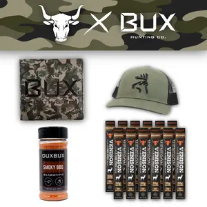 BEEFCAKE X BUX Hunting Co. Big Venison Guy Bundle - 12 New Venison Hickory Sticks, Smoky BBQ Seasoning, Bux Green Logo Hat, Perfect Snack & Gift