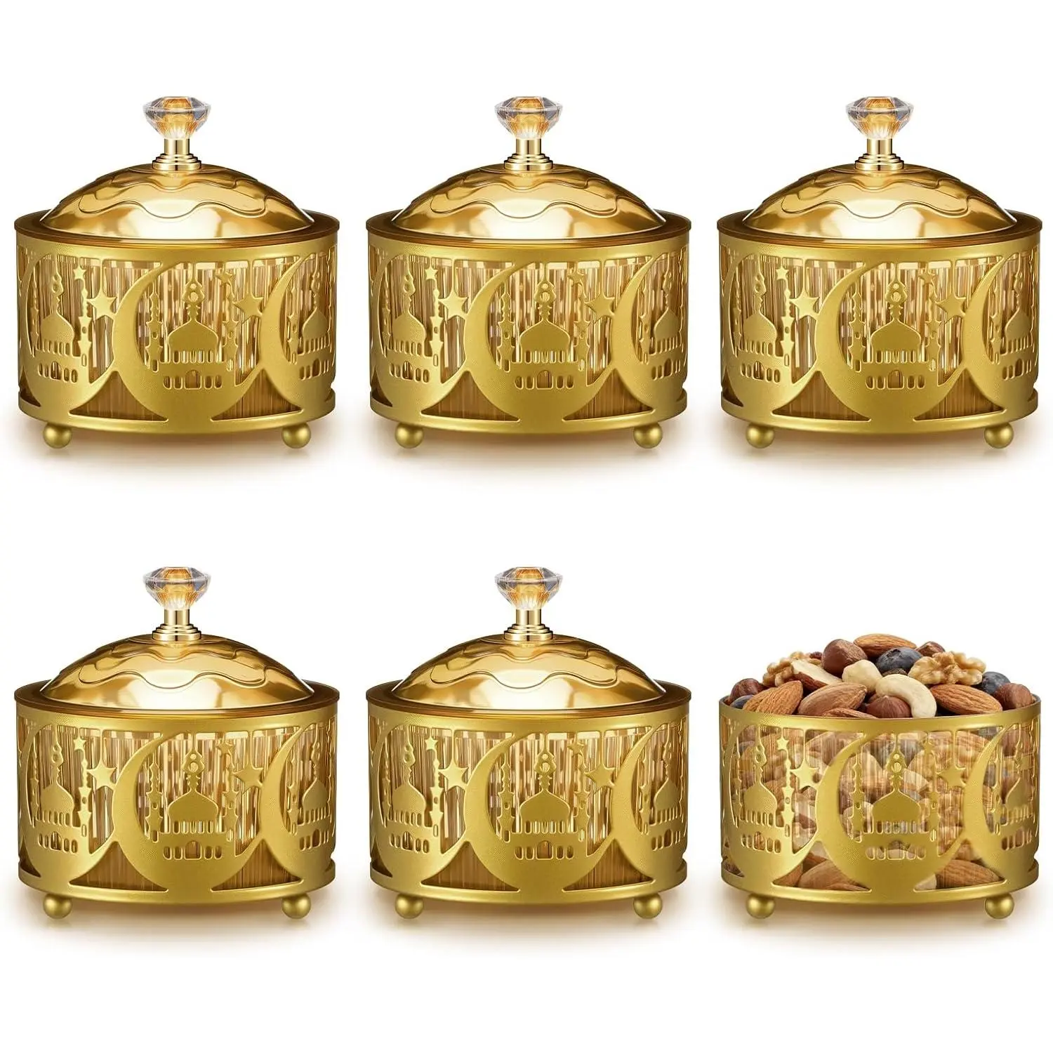 6-Pack Sturdy Traditional Classic Iron Body Gold Tin Serving Trays with Lids, 3.54x3.54x3.54 in (9x9x9 cm) 3.0-5.9 fl. oz Canisters for Kitchen Utensils, Middle Eastern Iftar Home Decoration, Canister