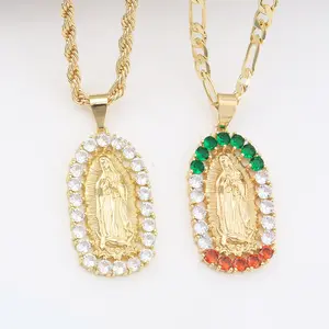 14k Gold Plated Virgen Mary Necklace, Multicolor Religious Our Lady Guadalupe Necklace, Gift for Her Him