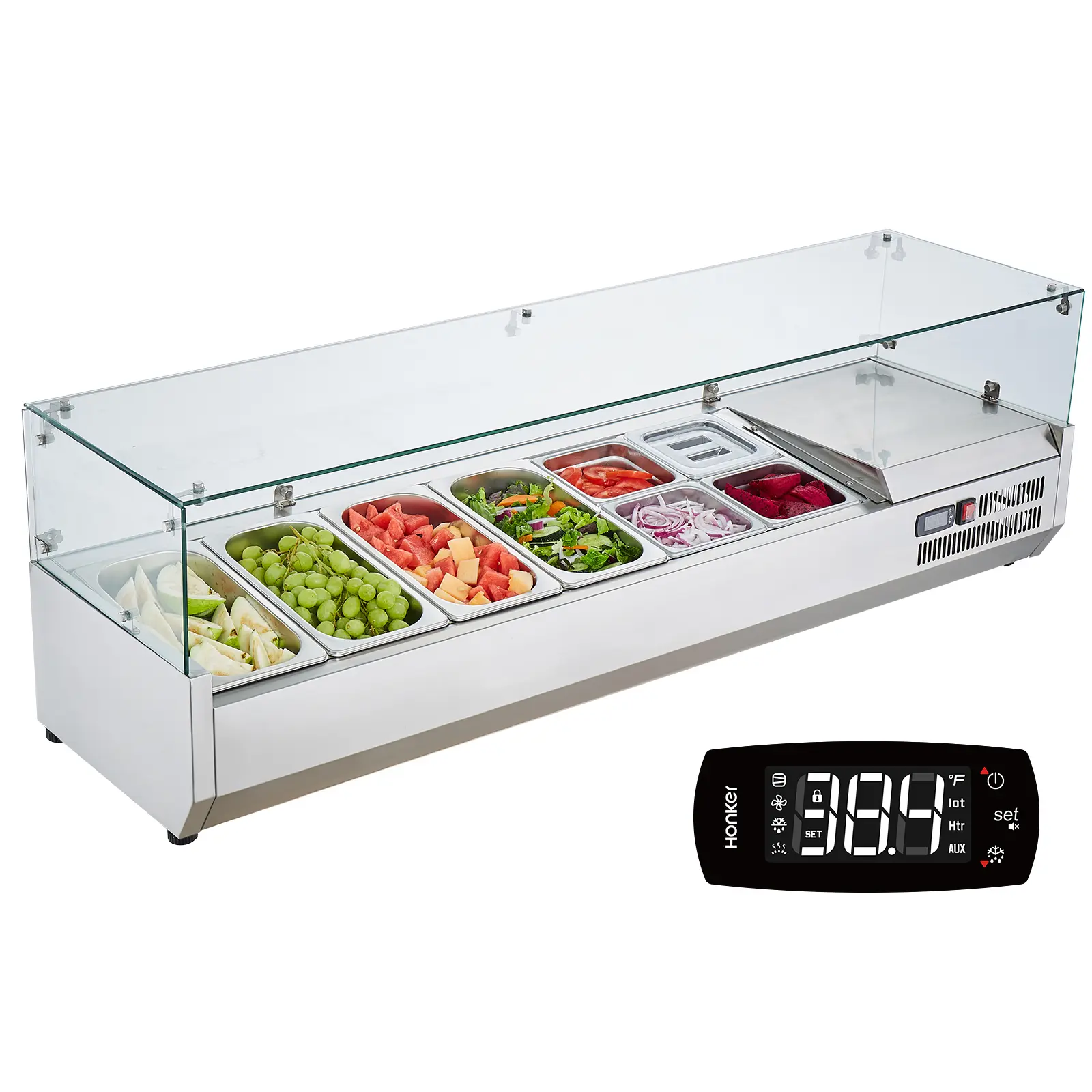 VEVOR Sturdy 304 Stainless Steel Kitchen Countertop Refrigerated Condiment Prep Station Set, 150W ETL-Certified Food Storage Container with 4x1/3 & 4x1/6 Pans, Leak-Proof Lids, Glass Guard, Utensil-Ready Display (Father's Day Gift)