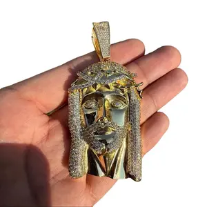 Large 3.75" Jesus Face Pendant – 14K Gold Plated, Iced Out with CZ Diamonds + Free Steel Anti-Tarnish Rope Chain, Hip Hop Bust Down Jewelry Drip