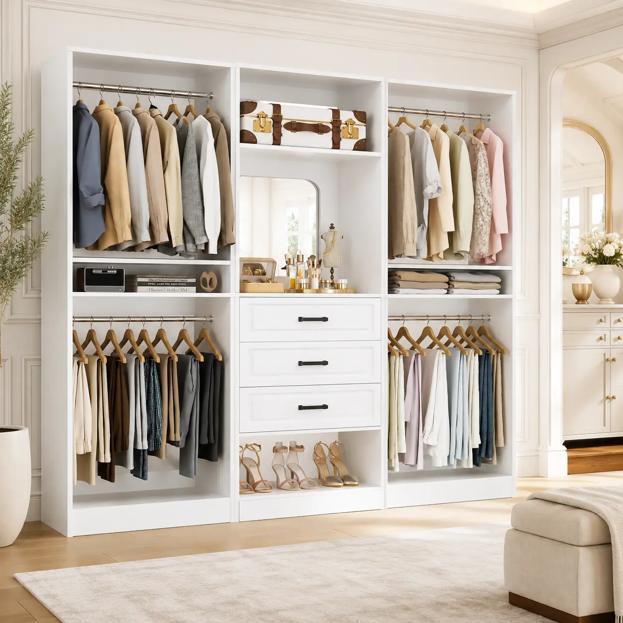 75-Inch Stand-Alone Wardrobe Cabinet, Reversible Get Organized Closet System with 4 Drawers, Mirror, Hanging Rods, Adjustable Shoe Rack & Customizable Drawer Organizer Wardrobes