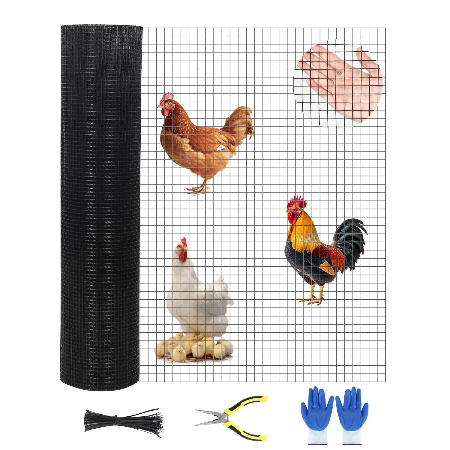 48 inch x 100 ft, 48 inch x 60 ft, wire mesh fence, aperture 1/2'' x 1/2'', garden boundary fence roll, vinyl-coated metal wire mesh, for yard vegetable plant protection and poultry net, comes with dedicated wire cutters, fixing clips, and anti-cut gloves
