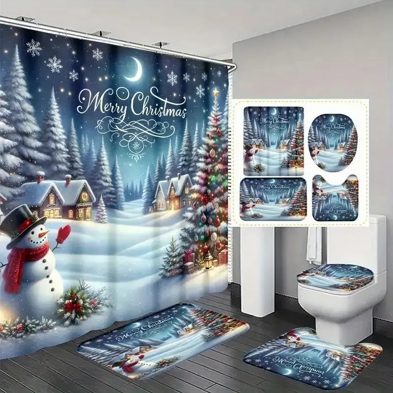 4pcs Snowman Christmas Tree Ice House Shower Curtain Set with Rugs, Non-Slip Mat, Bathroom Decor, Bath Rug, U-Shaped Mat, Toilet Lid Cover, 180x180cm, Bathroom Decoration Accessories, Bathroom Shower Curtain Sets