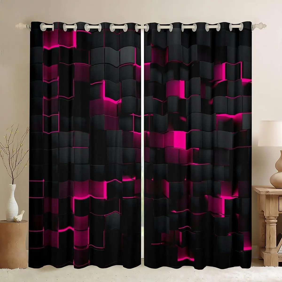 Feelyou 50% Blackout Privacy Grommet Window Curtains - Colorful High-Definition Neon Hot Pink & Black Geometric Grid Abstract Drapes, Adjustable Size Set of 2, Girls' Room Decor Curtains, Colorful Curtains