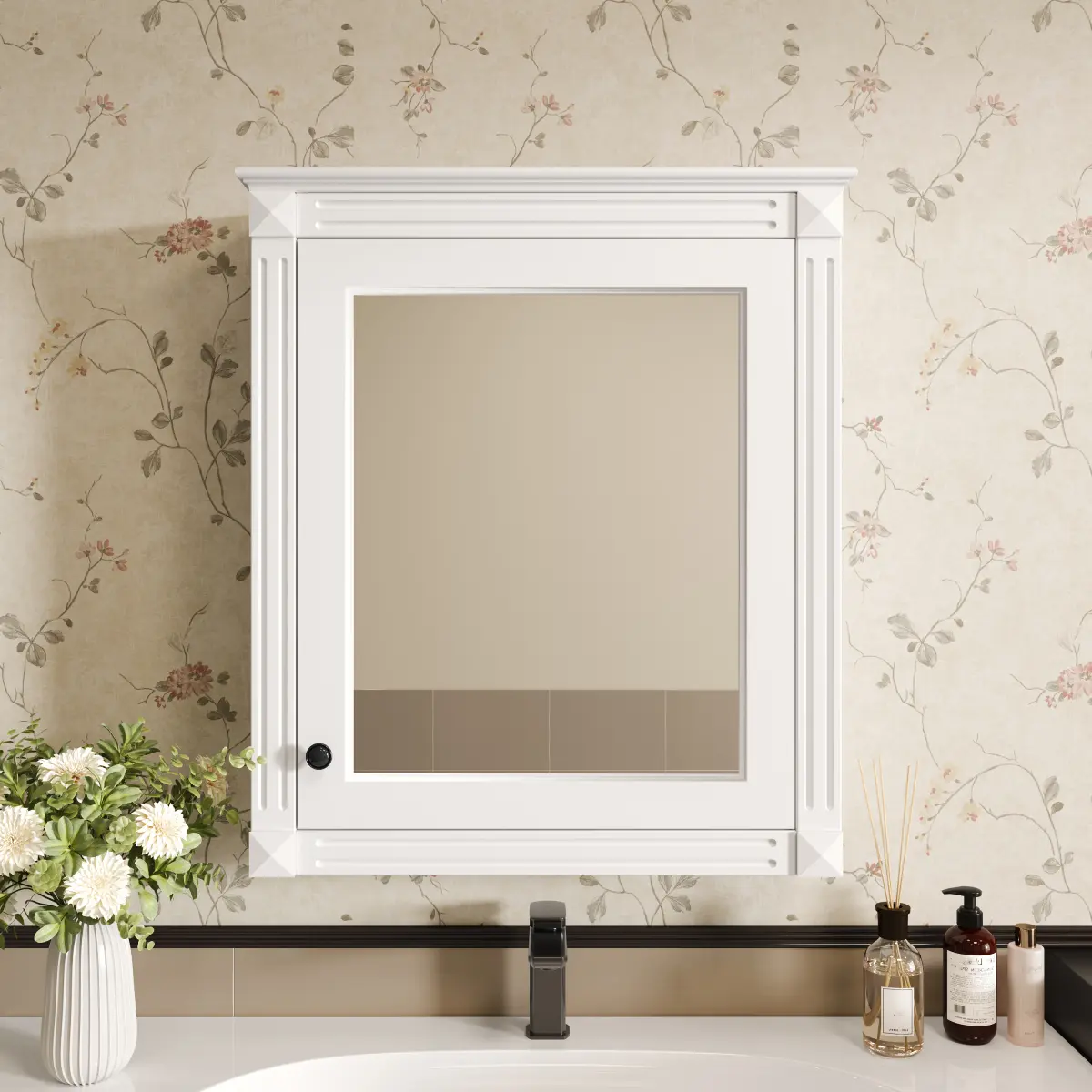 Modern Wall-Mounted Glass Mirror Cabinet (24x7.13x27.76 in) - MDF & Rubber Wood, 3-Section Adjustable Compartmental Door-Mounted Unit, 3 Adjustable Shelves, Soft-Close Single Door, 300LBS Capacity, Over Toilet Storage, Easy Assembly, Glass Mirror Cabinets