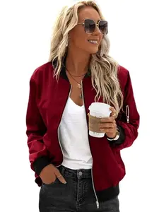 Women's Casual Bomber Jacket Long Sleeve Lightweight Windbreaker Zip Up Outerwear with Pockets for Spring Autumn