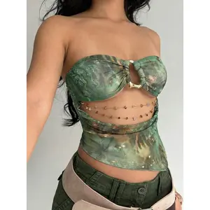 SwimRush Y2K Sexy Crop Top with Beaded Plunging Neckline and Animal Print Mesh Fabric for Summer Vacation Outfits and Nightlife