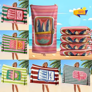 1pc Sardine Can Pattern Beach Towel, Soft Lightweight Absorbent Microfiber, Ideal for Travel Swimming Surfing Yoga Camping, Birthday Gift, Travel Towels