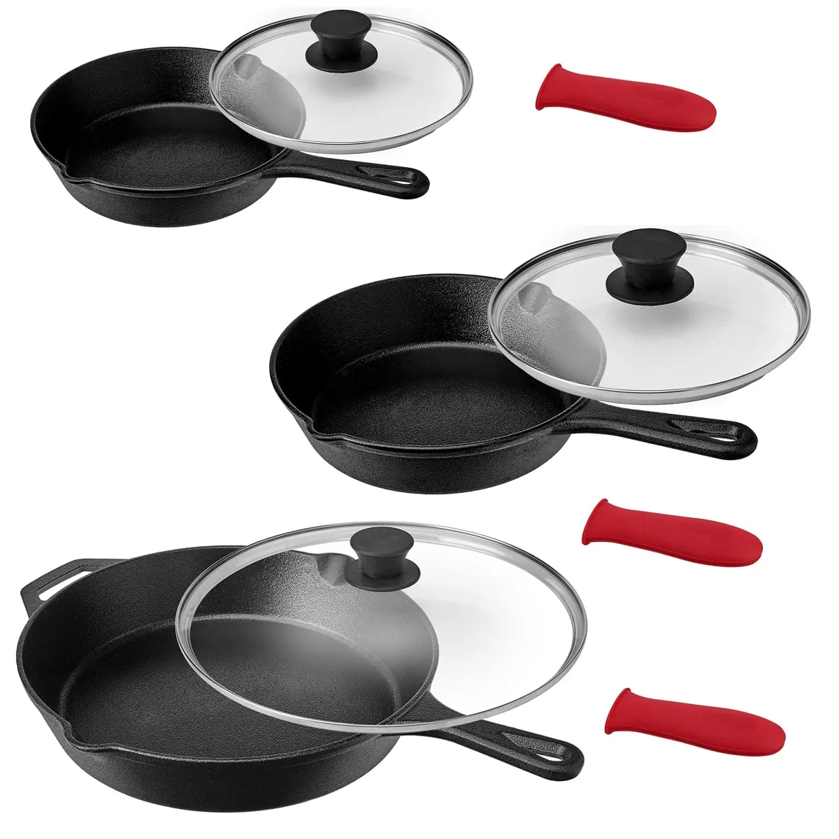 9 Piece Pre-Seasoned Cast Iron Skillet Set with Lids & Red Silicone Holder