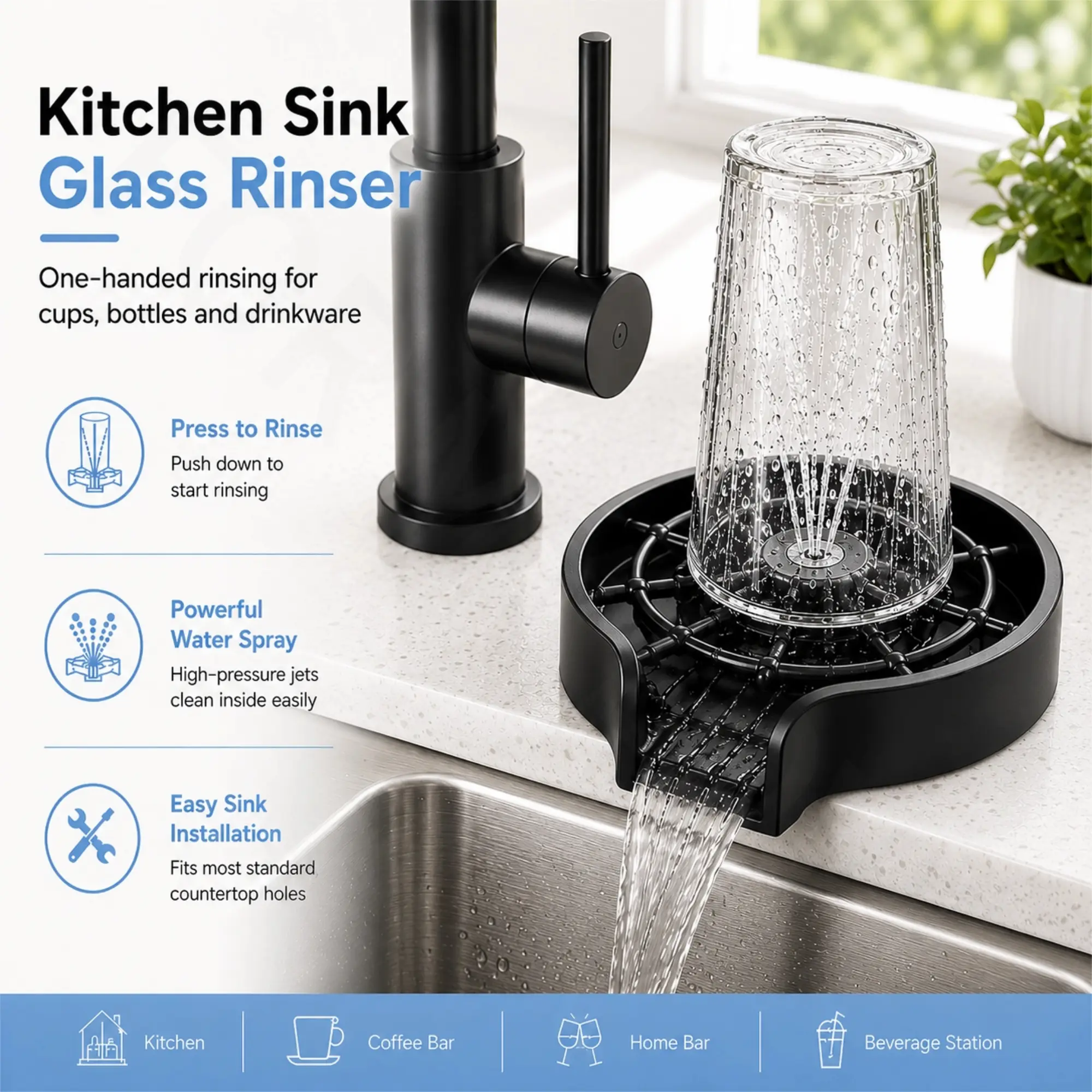 Matte Black Glass Rinser, Low Profile High Pressure Water Kitchen Sink Accessory, Press-Activated Cup & Bottle Cleaner with Supply Hose for Baby Bottles, Tumblers