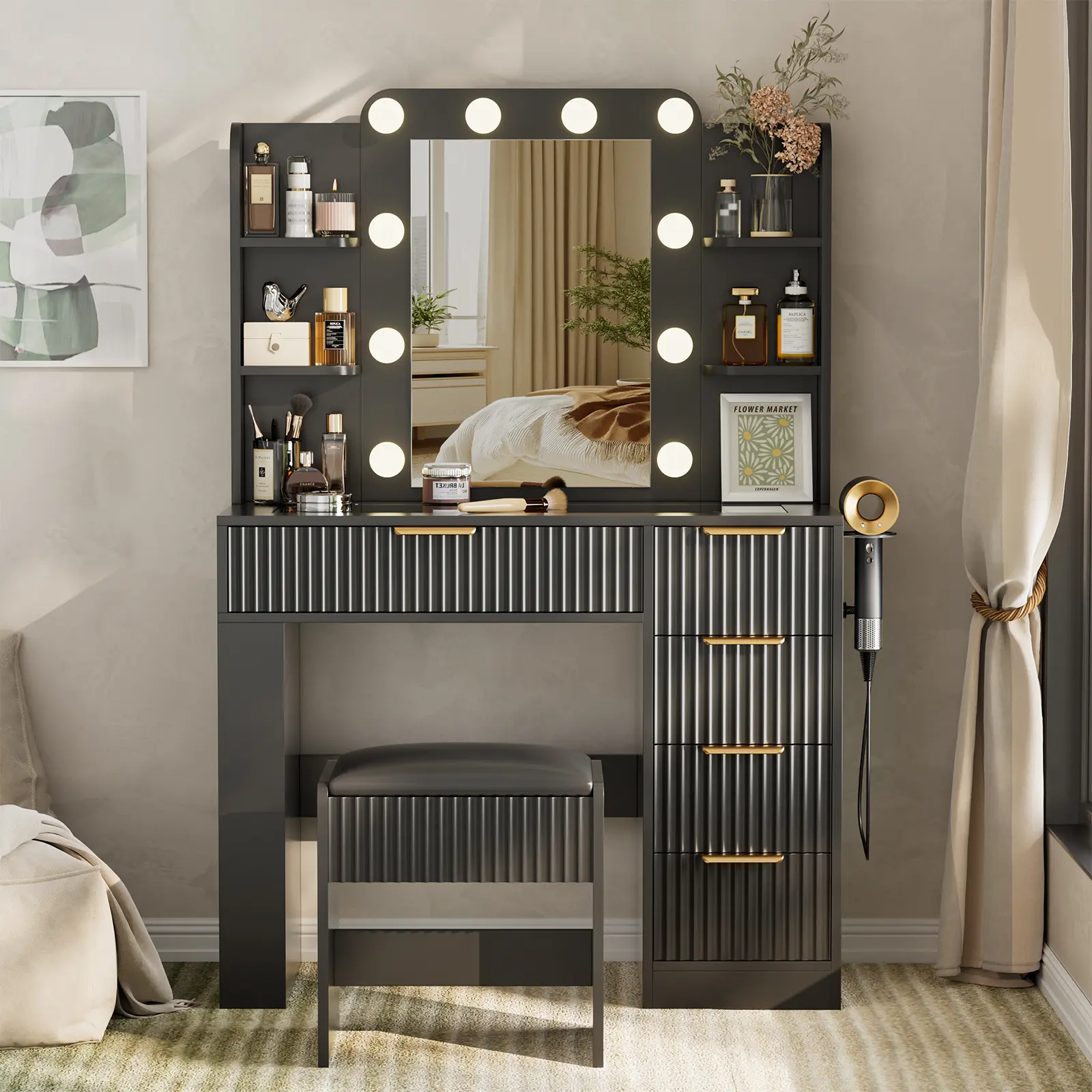 Modern LED Vanity Dresser with Transparent Glass Large Surface, USB Charging Hub, Cushioned Stool, Drawers, Mirror - Lighted Makeup Vanity for Beauty Enthusiasts’ Organization & Storage, Indoor Furniture, Bedroom Makeup Table