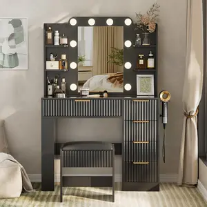 Makeup Vanity Set with LED Mirror and Charging Station, Vanity Desk with Transparent Top, Cushioned Stool & Drawers for Bedroom