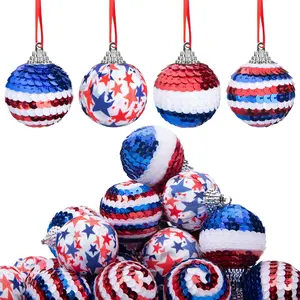 24Pcs 1.57" Sequin Hanging Ball Ornament Red White Blue Patriotic Decorations for Independence Day Memorial Day 4th of July Veterans USA Themed Party Tree Supplies
