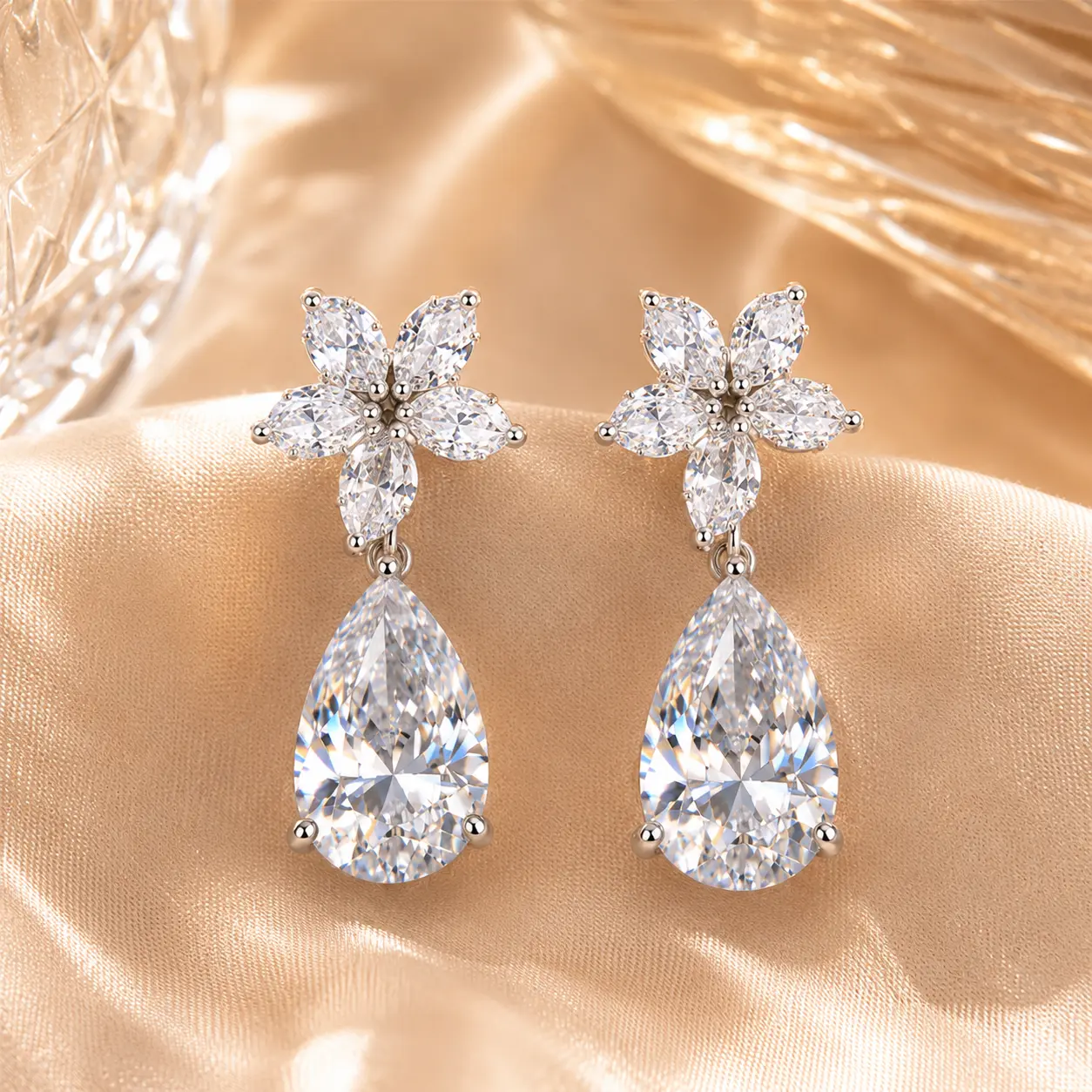 18 Karat Gold Teardrop Earrings for Women, Classic Floral Diamond Cluster with Brilliant D 20.00 ct Lab-Grown Pear Stones, Earring For Women, Female, Glamorous Artificial Gemstone Earrings, Classical Artificial Gemstone Earrings