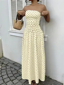 New Summer Autumn Sexy Off-Shoulder Polka Dot A-Line Elegant Waist Cinch Slimming Dress Evening Gown, Chic Party Wear