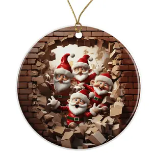 Santa's Helpers Brick Wall Ornament - Cute Holiday Decor - Unique Christmas Elf Ornament Gift Idea Ceramic Ornament - 3 Inch Christmas Tree Round Ornament - Xmas Holiday Decor - String Included - ORNW0134