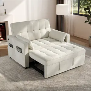 【2 Packages Delivery】Yaheetech Convertible Sofa Bed with Tri-Position Reclining Back,  Velvet Couch with Pillows & USB Ports & Side Pockets on Casters, 600 lb Capacity for Living Room, Bedroom, Studio