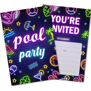 30 Set Pool Birthday Invitations with Envelopes, Summer Theme Party Neon Invitation for Girls Boys Kids, Swimming Party Invite Cards Supplies Decorations