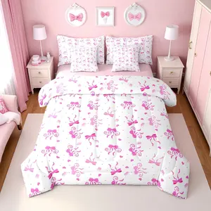 Girls Pink Bow Comforter Bed Set with Sheets,Cute Coquette Pink Bows Bedding Set,7Pc Kids Women,Princess Ribbon Bow Tie Fitted Flat Sheet,Bowtie Love Bed Set