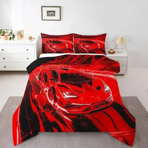 Feelyou Soft Microfiber Red Race Car Duvet Set - Breathable Bed Comforter Set with Digital Print, Extreme Sports Theme for Men, Multi-Size Gaming Room Bedding