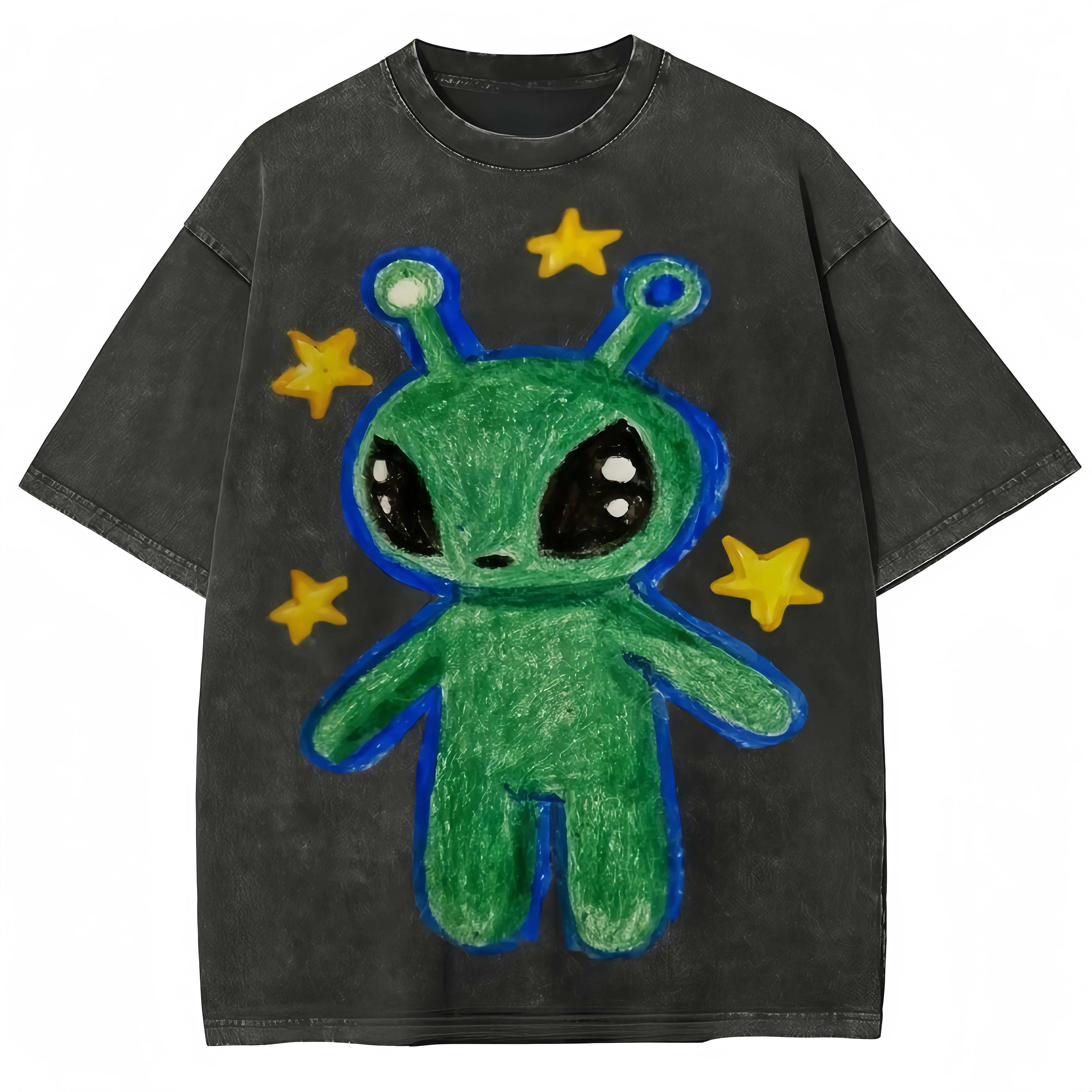 LeoMiles Cute Alien Unisex Vintage Washed Tee, Unisex Vintage Washed Tee, Vintage Coloful Tee - Oversized Shirt - Natural & Animal Planet Unisex Streetwear