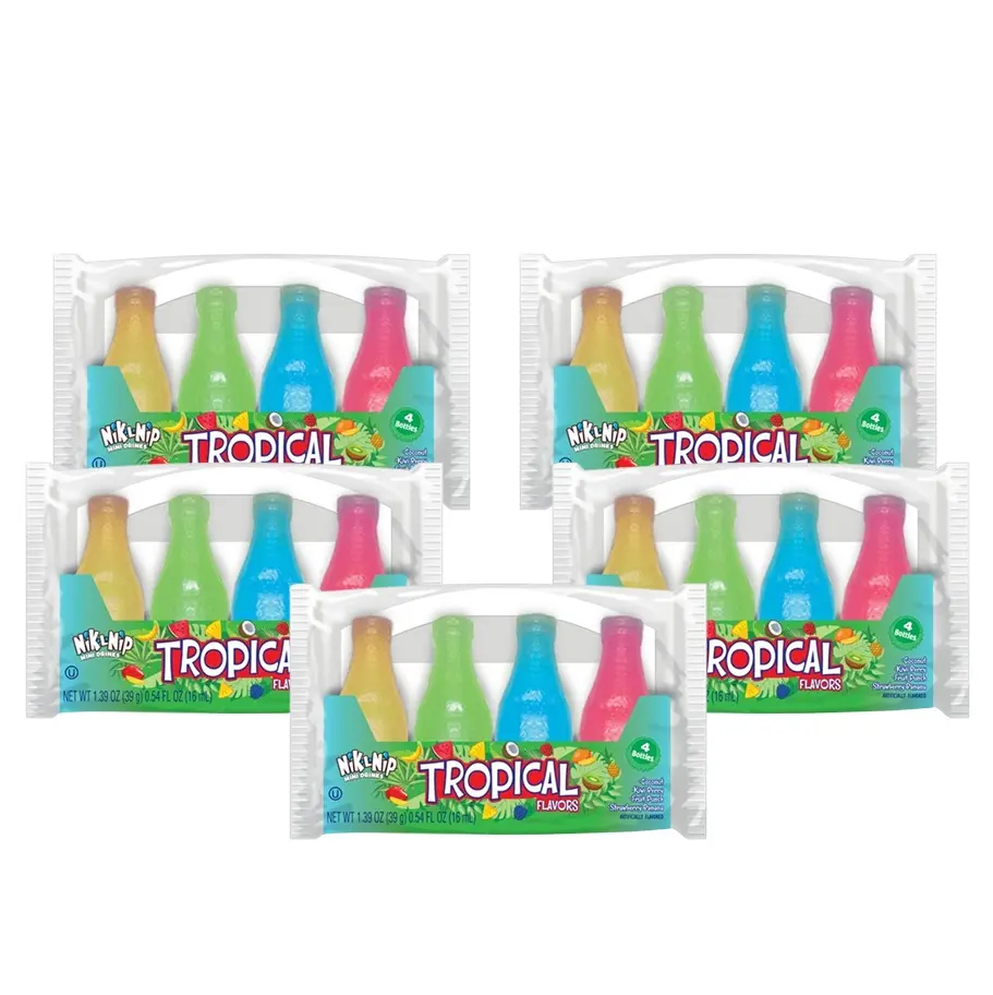 Nik-L-Nips Tropical Wax Bottle Candy Drinks Filled with Flavored Syrups (Coconut, Kiwi Berry, Fruit Punch and Strawberry Banana Flavors) 5 Pack oodles wax candy gift tiktok candy holiday gift