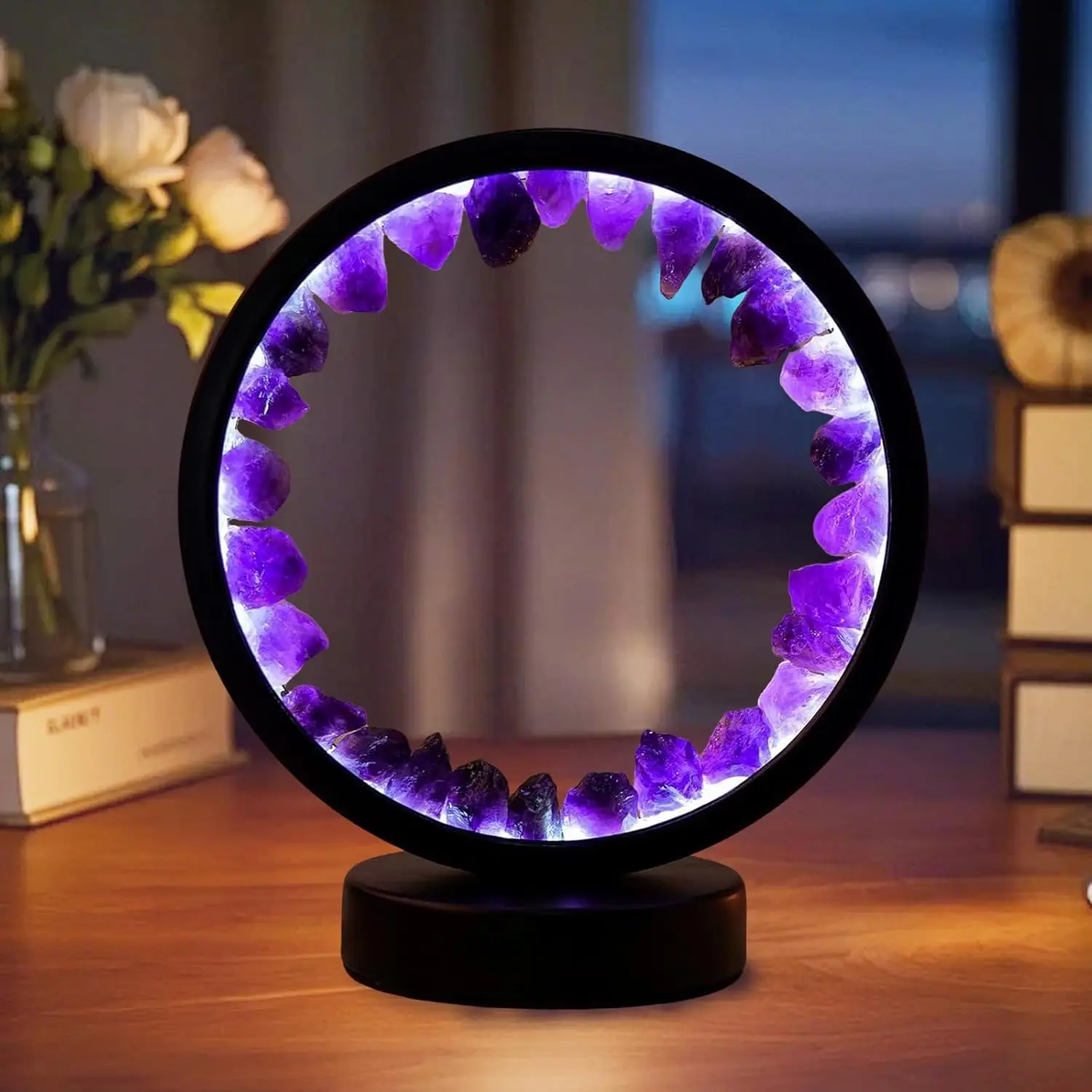 Round Natural Amethyst Crystal Home Decor Light - 3-Color Dimming USB-Port Eye Protection Lamp, Decorative Dimming Lights for Bedroom, Christmas Gift with Natural Beauty