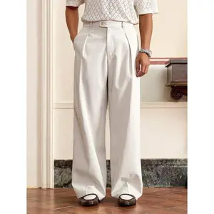 Men's Woven Fashionable Casual Solid Color Pleated Design Light Apricot Straight Leg Loose Long Suit Pants