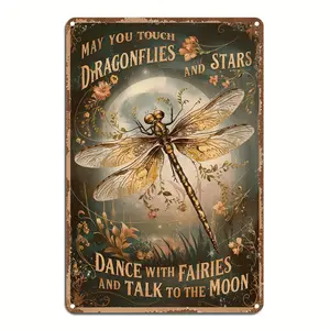 1pc Vintage Victorian Metal Tin Sign - Whimsical Dragonfly & Floral Design with Enchanted Night Sky Art, Durable Metal Wall Decor 12x8 Inch, Rustic Farmhouse Porch Outdoor Home Decoration, Perfect Gift for Nature Lovers, Outdoo