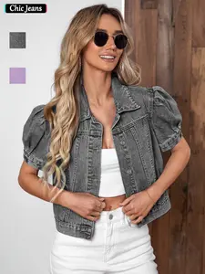 Women's Sweet Cool Style Bubble Sleeve Short Denim Jacket, High Waist Design, Perfect for Casual Outing and Vacation, Versatile Fashion Piece