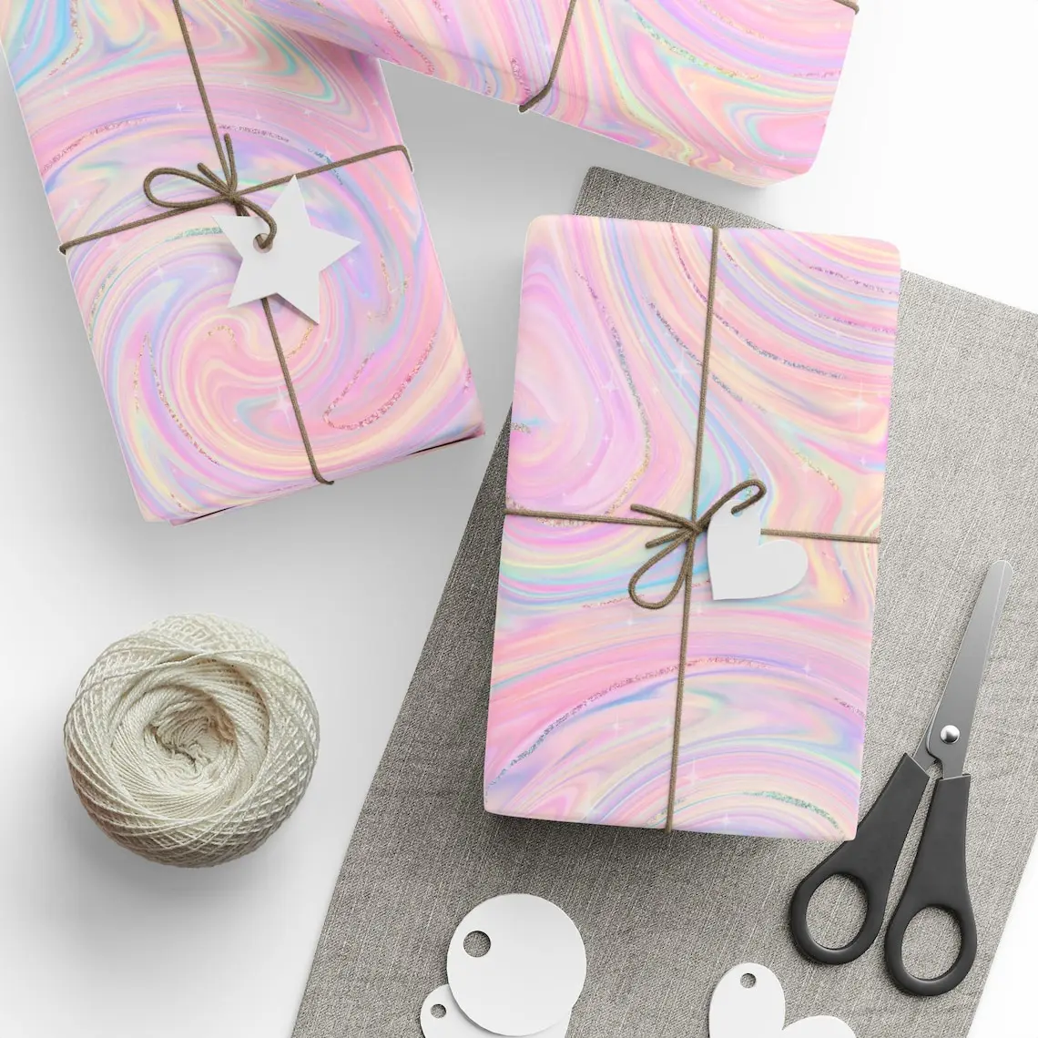 Dreamy Pastel Swirl Wrapping Paper with Glitter Sparkles, Whimsical Iridescent Rainbow Gift Wrap for Birthday Presents and Christmas