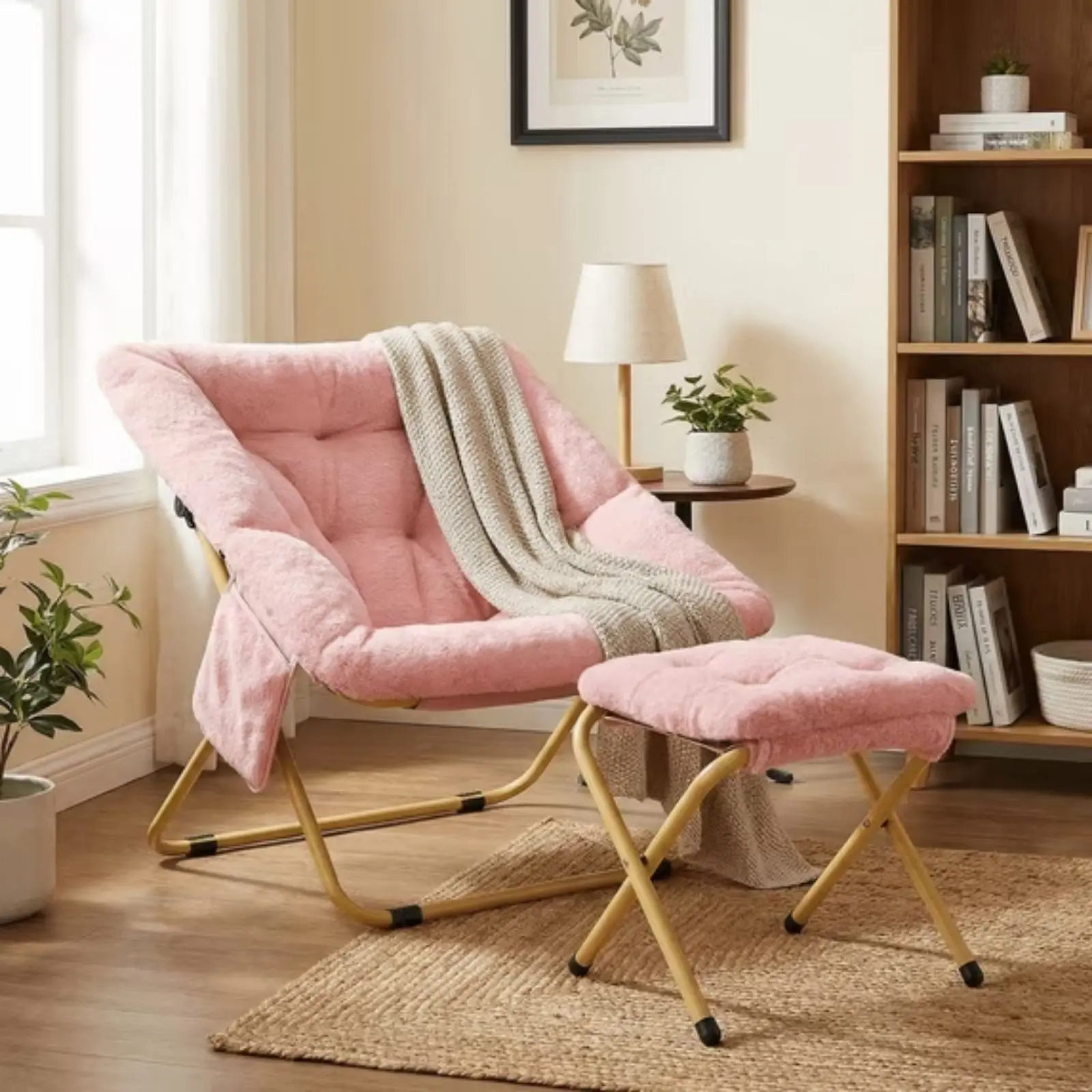 MAMIZO Comfy Saucer Chair with/no Ottoman, Oversized Foldable Lounge Chair with Soft Faux Fur for Adults, Moon Chair with Thick Padded Metal Frame for Living Room Bedroom Indoor Party Gift