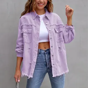 Vintage Washed Denim Shirt Jacket With Frayed Edges, Distressed Design, Relaxed Fit, Buttoned Up Spring Style, Casual Layered Look, Oversized Sweet Cool Fashion