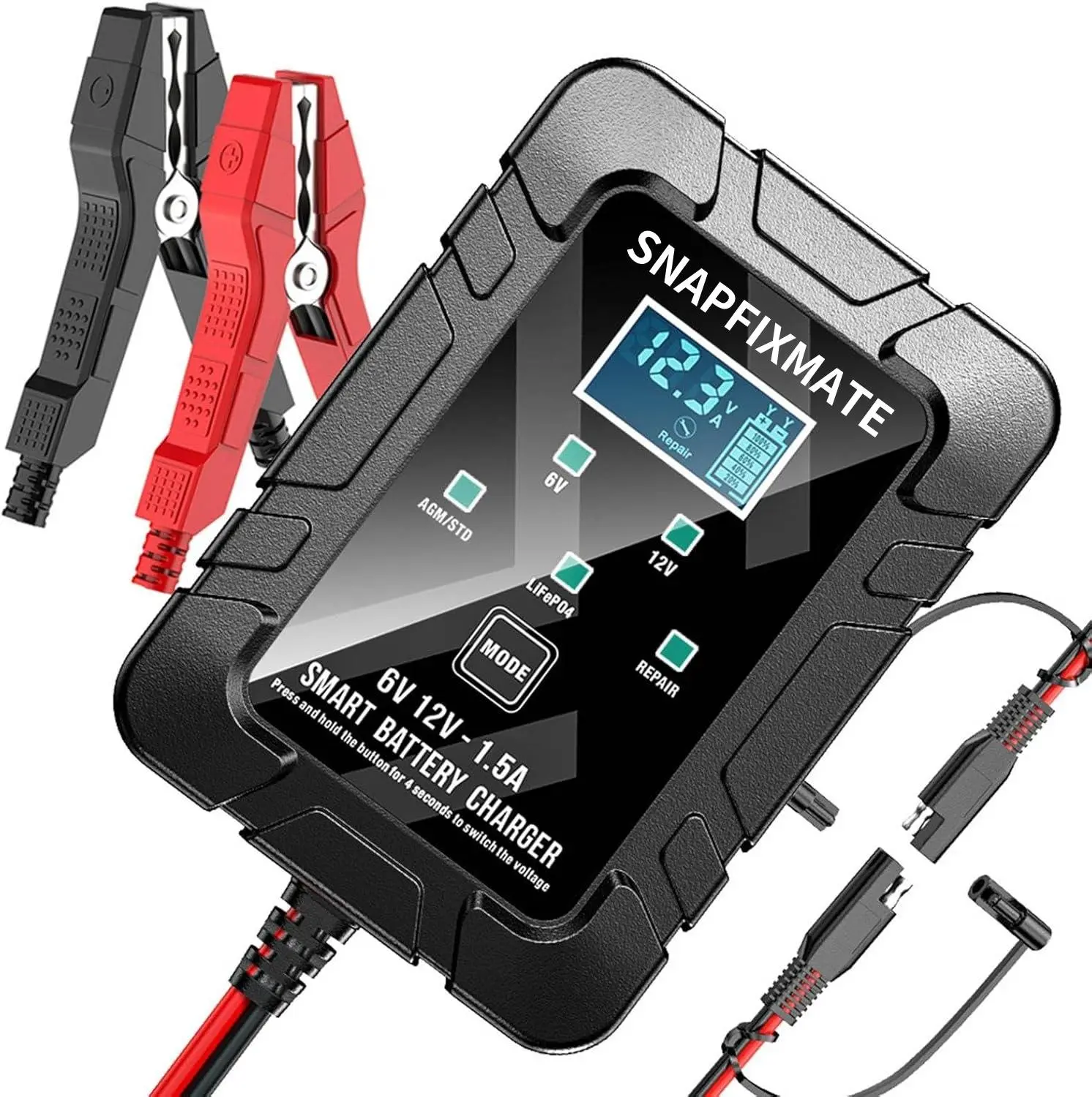 1.5A Smart 6V & 12V Automatic Battery Maintainer, Snapfixmate Trickle Charger for Car, Motorcycle, ATV, Lawn Mower