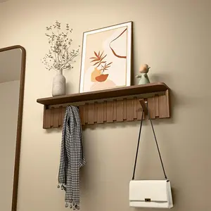 1pc Multi-Hook Wall-Mounted Coat Rack with Storage Shelf Modern Key Rack for Entryways, Hallways, Bedrooms, Kitchens, Corridors, and Bathrooms Hangs Jackets, Hats, Bags, Towels, and Dog Leashes Durable Rubberwood Construction, Room Decor