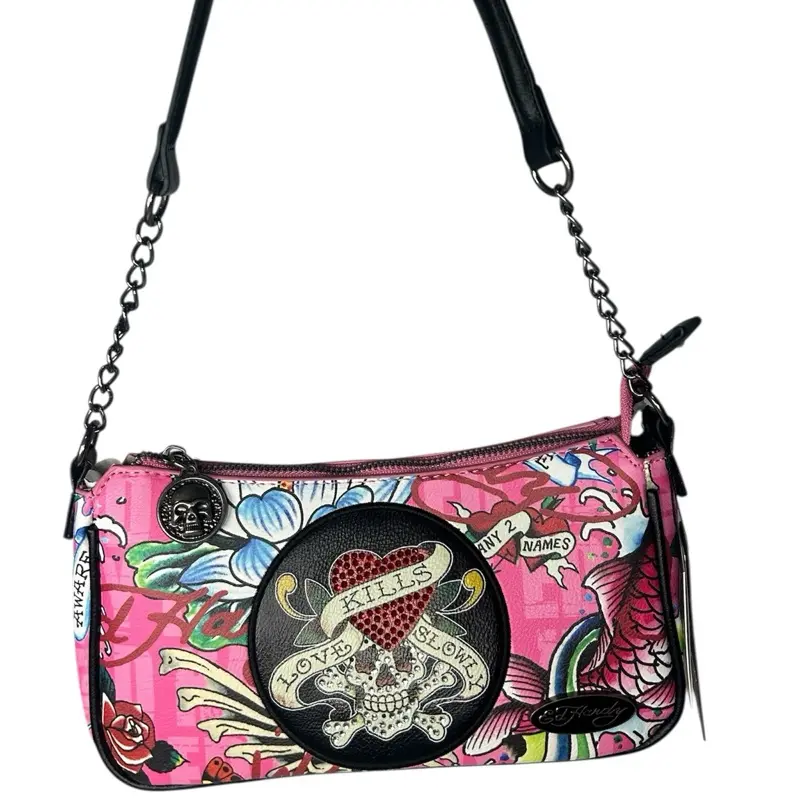 Ed Hardy Pink Koi Fish Skull Shoulder Bag Y2K Rhinestone Love Kills Slowly Baguette Purse