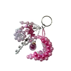 Pink Moon-Shaped Enamel Bag Charm - Kawaii Keychain with Pearl, Crystal, Cute Bow Accents, Stylish Accessory for Keys, Phones