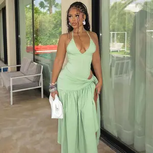 Halter Backless Two Piece Set Bodysuit with Asymmetrical Wrap Skirt Women's Summer to Beach Outfit Casual Elegant Sexy Stretchy Bodysuit & Skirt Combo