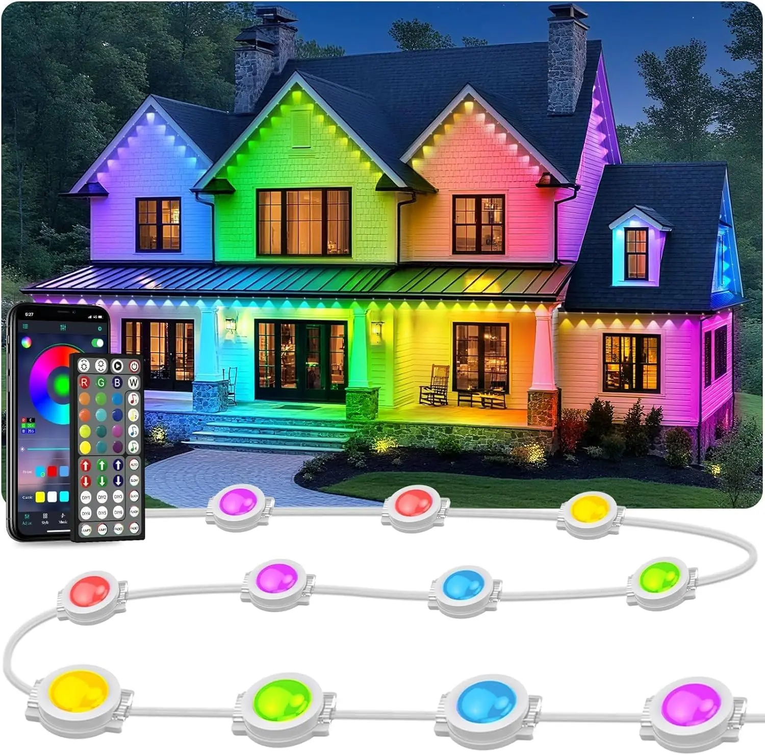 400FT Permanent Outdoor Smart RGB Eave LED Strip Lights, IP67 Waterproof with 16M Colors for Christmas, Halloween, Thanksgiving, New Years, Home Improvement Holiday & Daily Decorations