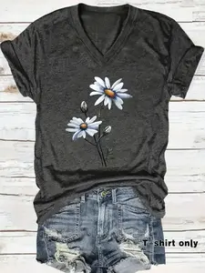 Women's Floral Print V Neck Tee, Botanical Tee, Casual Elegant Short Sleeve T-shirt for Summer, Ladies Clothes for Daily Wear, Top, Womenswear
