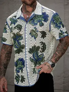 Men's Summer Holiday Tropical Floral Knit Button Front Short Sleeve Aloha Style Shirt, Casual Fitted Hollow Out Design, Perfect for Daily Wear