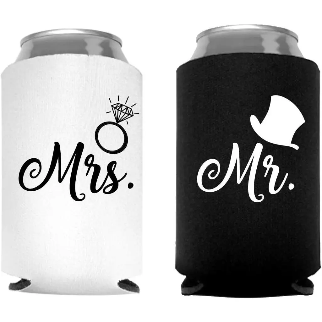 Mr. and Mrs. Can Coolers, Set of 2 - White and Black  Coolers,  Wedding, Engagement, and Bridal Shower