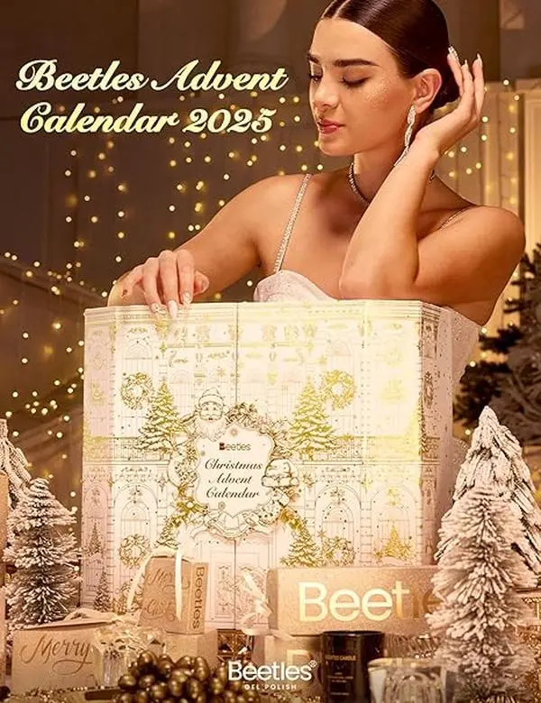 Beetles 2025 Christmas Luxury Gel Nail Polish Advent Calendar - 24 Days of Metallic & Golden Nail Art Surprises, Premium Gift Box with Manicure Tools, Mini UV Lamp, Brush & Rhinestone for Women's Holiday Gifting, Metallic Gel Nail Polish