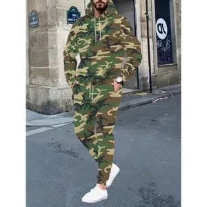 Men's Camouflage Hoodie and Pants Set, Casual Long Sleeve Pullover with Drawstring, Knit Fabric, Polyester 100% - Outdoor Hiking Suit for Adult, Spring/Fall Season